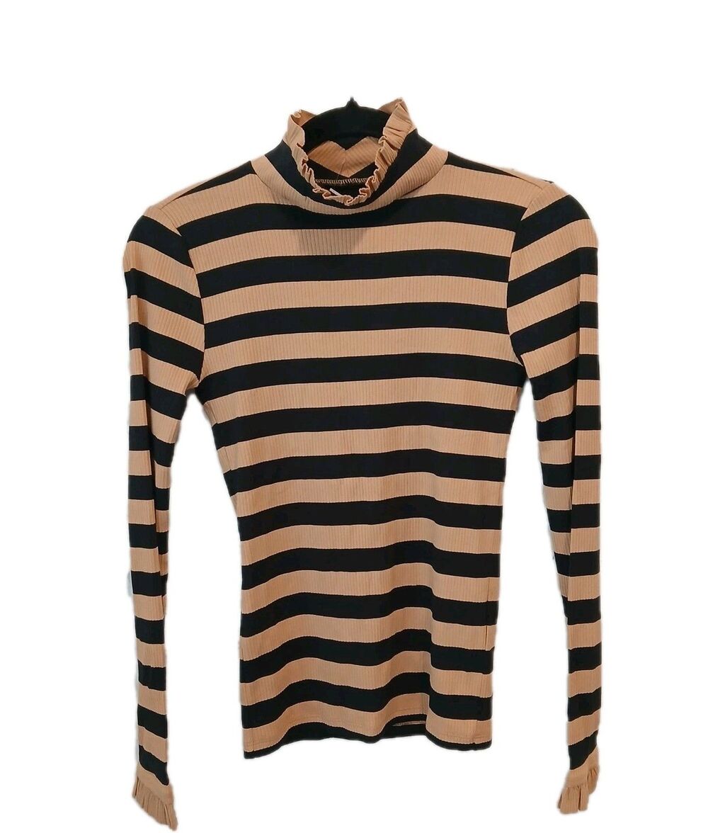 NWT J.Crew Womens XXS‎ Top Vintage Rib Ruffle Mockneck Tee Stripe Tan Black